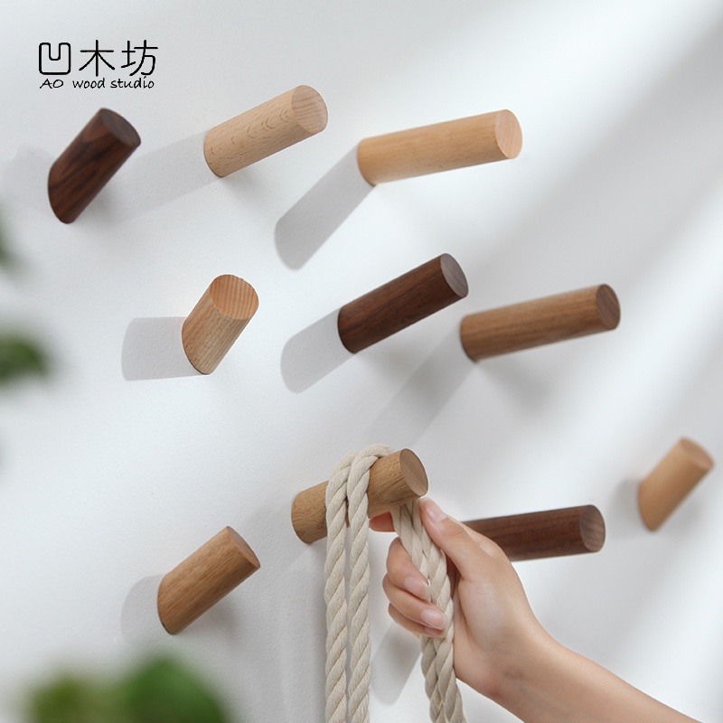 Solid wood hanging clothes hook Creative wall-mounted hood hook wall hanging clothes hanger free of punch powerful adhesive Nordic wood hook