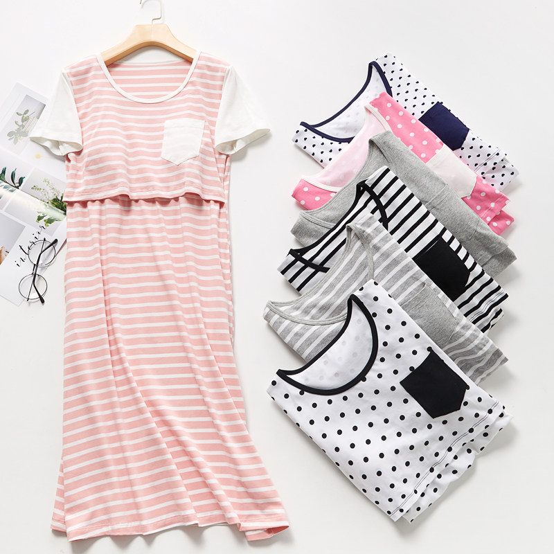 Cotton nursing night dress women with chest pad Pregnant women postpartum confinement clothes Summer nursing clothes out of the dress home clothes