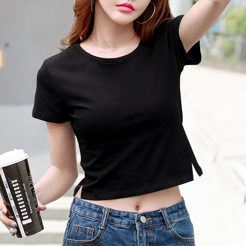 Black Short T-Shirt for Women with Slit Short Sleeves, Unique Design, High-Waisted, Cropped, Petite, Summer 2026, Slim Fit Top