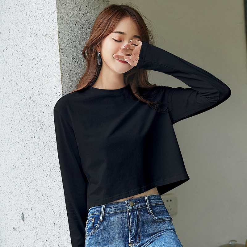 Black Short Long-Sleeved T-Shirt for Women, Loose High-Waisted Crop Top, 2026 Autumn New Style Women's Base Shirt
