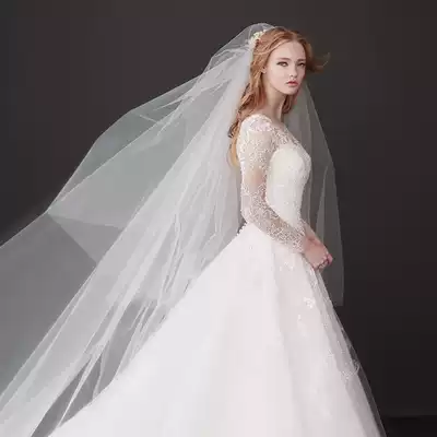 Korean plain yarn bridal veil simple puffy widened long version of the trailing wedding veil double-layer covering travel veil