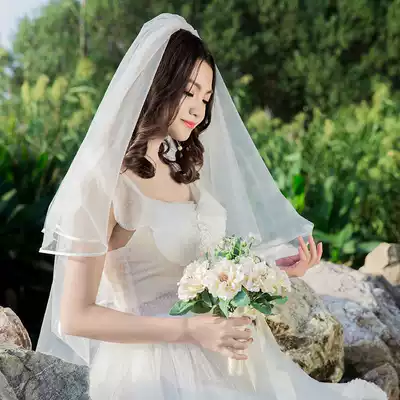 The new bride Korean veil double-layer comb can cover the long version of the veil Wedding yarn white edging wild veil