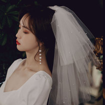 Peng Peng bridal veil imitation pearl Korean wedding dress short double layer small veil headgear accessories