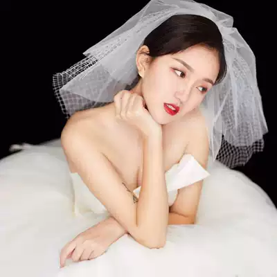New Korean puffy bridal veil simple wedding cute grid multi-layer short travel simple wedding accessories
