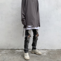 Gangsta GOFB High Street slim-fit ripped black Jeans Mens retro washed thin stretch Hip-hop pants