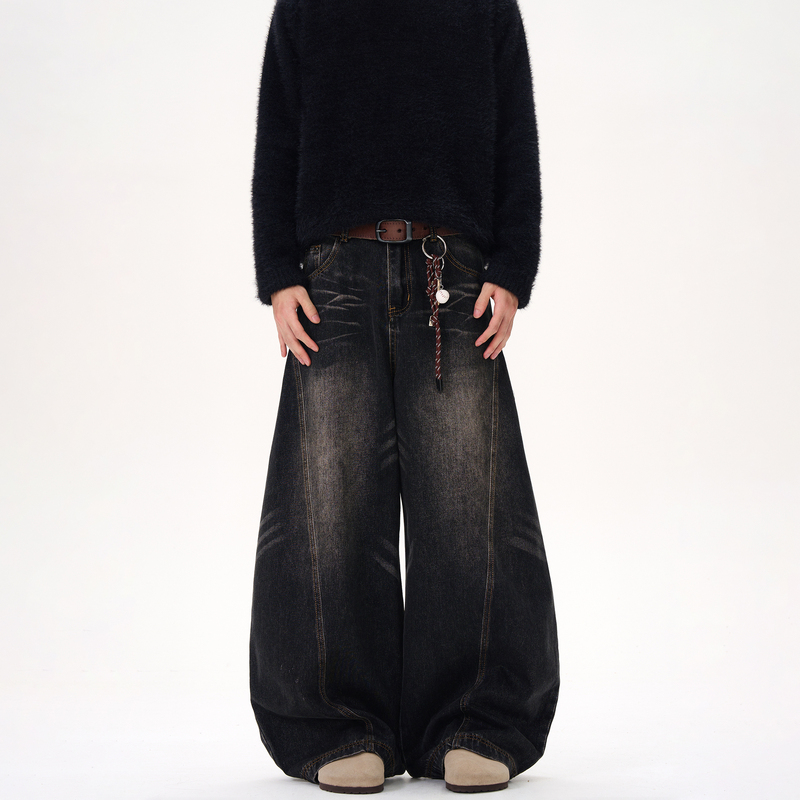Kisko American Retro Washed Whiskered Black Scimitar Jeans Unisex Wide-Leg Loose Drape Distressed Pants Kisko American Retro Washed Whiskered Black Scimitar Jeans Unisex Wide-Leg Loose Drape Distressed Pants