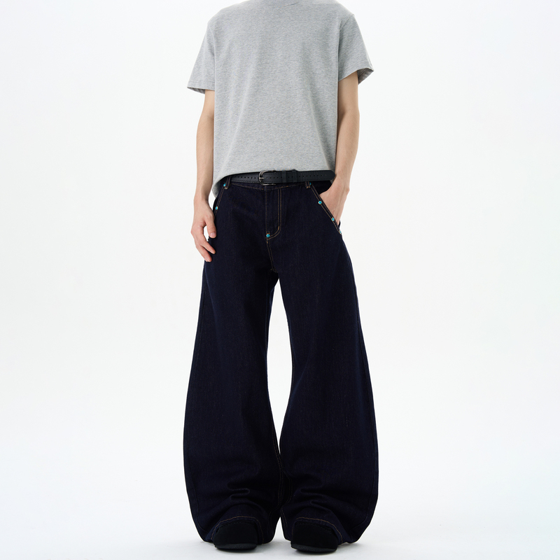 Kisko American High Street Original Denim Turquoise Scimitar Jeans for Men and Women, Stylish Loose-Fitting Versatile Pants