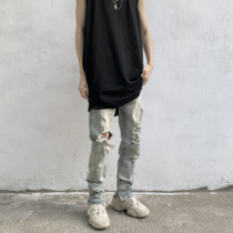 GOFB high street knee ripped jeans men washed vintage slim slim stretch side zipper Super broken beggar pants