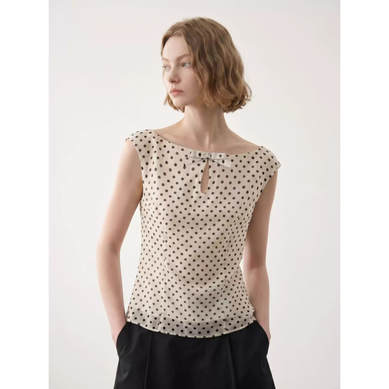 Trend Hemp and Mulberry Silk Blend Retro French Polka Dot Boat Neck Waist-Cinching Sleeveless Top for Women Summer