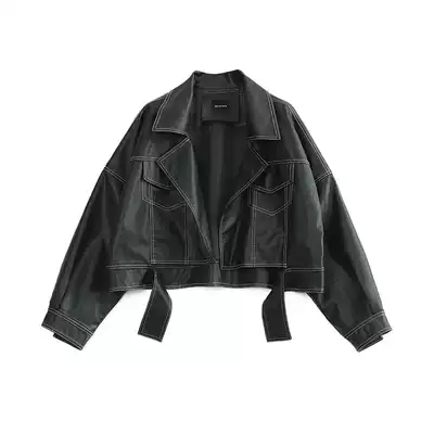 Designer Plus 2021 new autumn loose black lapel line decorative pu leather jacket short coat women