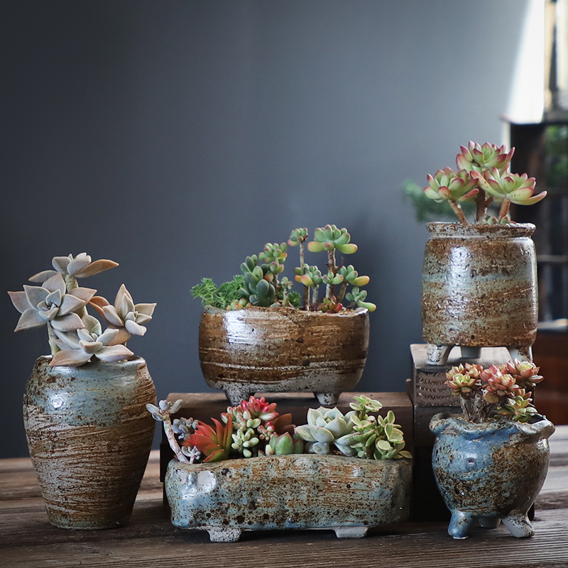 Succulent flower pot old pile retro creative personality rough pottery breathable ceramic indoor household meat plant large flower pot