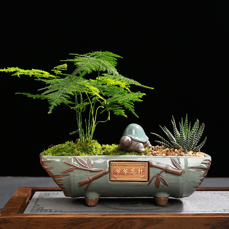 Chinese wind flower potty pot creative indoor desktop green plant pot meat pot, meat pot, rectangular large