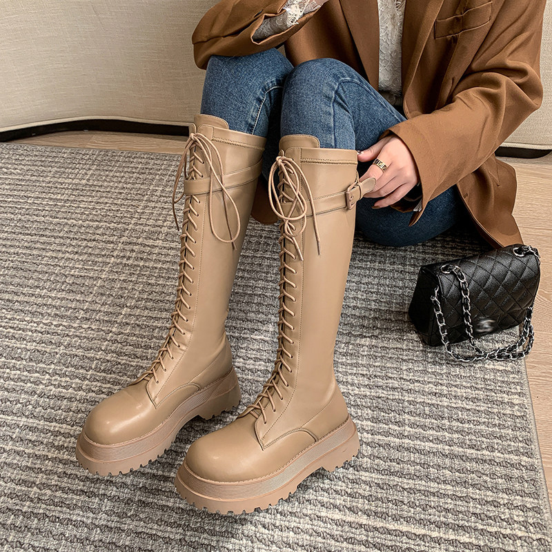 Lingo studio college wind boots women's thick-soled strappy knight boots khaki small but knee boots