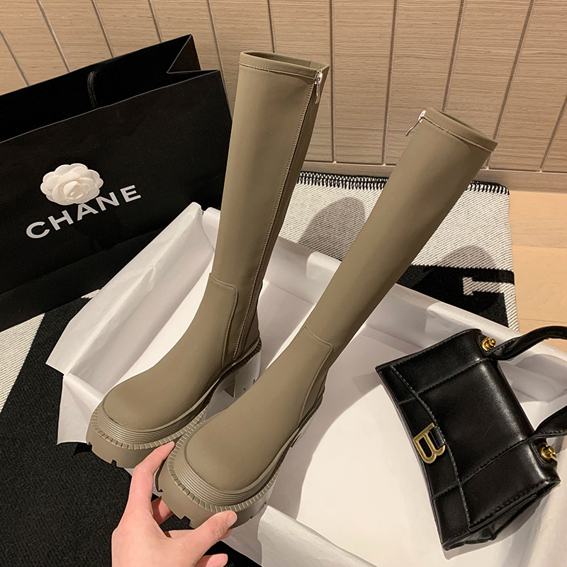 Round Head Riding Boots Woman 2021 New High Cylinder Boots Genuine Leather Coarse Heel Small Tall Cylinder Boots Green Long Boot Tide