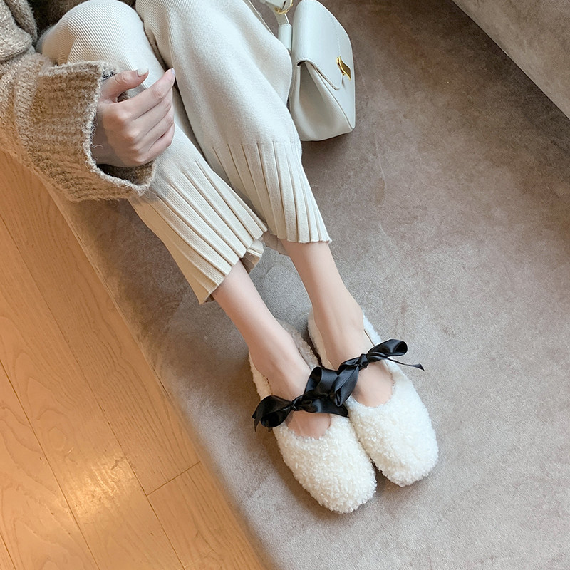 Lingo studio soft wool shoes women's 2022 autumn and winter new flat bottom bow all-match fairy style shoes