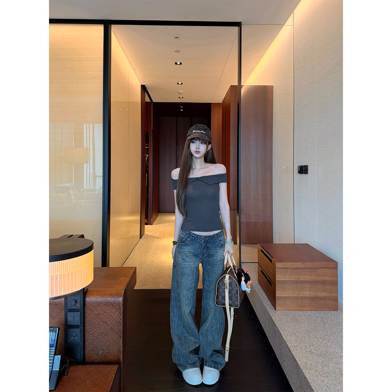 Cuitcuit Heavyweight Pants King! Washed Vintage Rivet Cracked Wide-Leg Jeans for Women, Retro Low-Rise Long Pants
