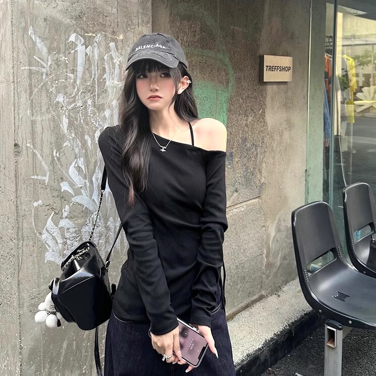 Cuitcuit Black Off-Shoulder Long-Sleeve T-Shirt for Women with Drawstring Design, Sexy Off-Shoulder Slim-Fit Slimming Knit Top Cuitcuit Black Off-Shoulder Long-Sleeve T-Shirt for Women with Drawstring Design, Sexy Off-Shoulder Slim-Fit Slimming Knit Top