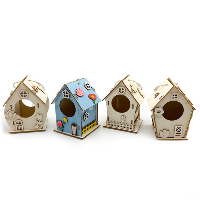 DIY Handmade Wooden Spliced Birdhouse Graffiti Painting DIY Bird House Assembly Wooden Bird Nest