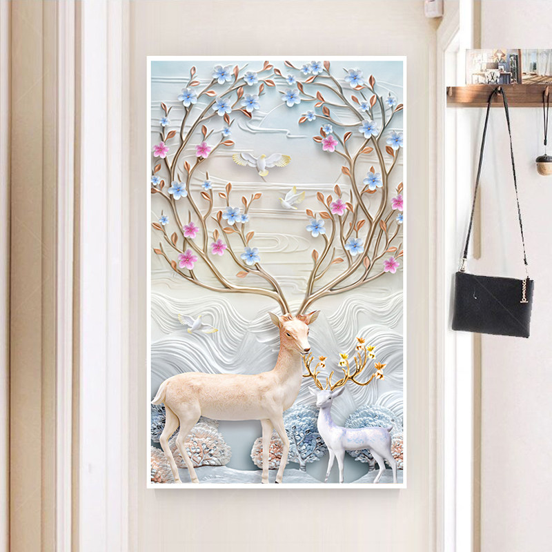 Printed cross-stitch thread embroidery 2023 new living room large entrance vertical version simple modern rich elk full embroidery