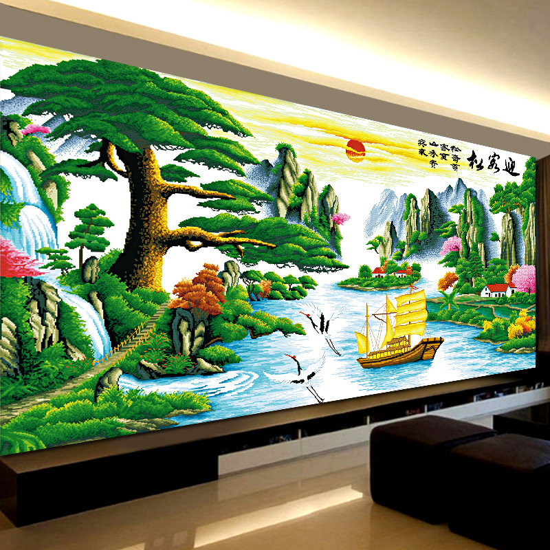 Welcome guest pine cross stitch 2022 new embroidered living room landscape painting scenery sharp line embroidered flowing water raw and rich atmosphere household