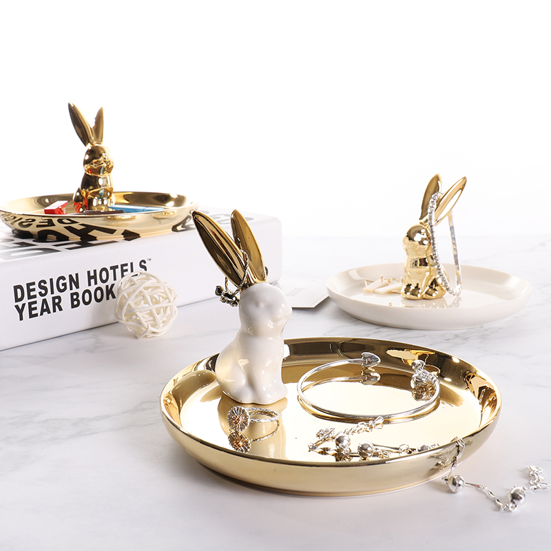 Nordic style ceramic jewelry display stand tray golden rabbit storage tray shooting props bedroom trinket ornaments