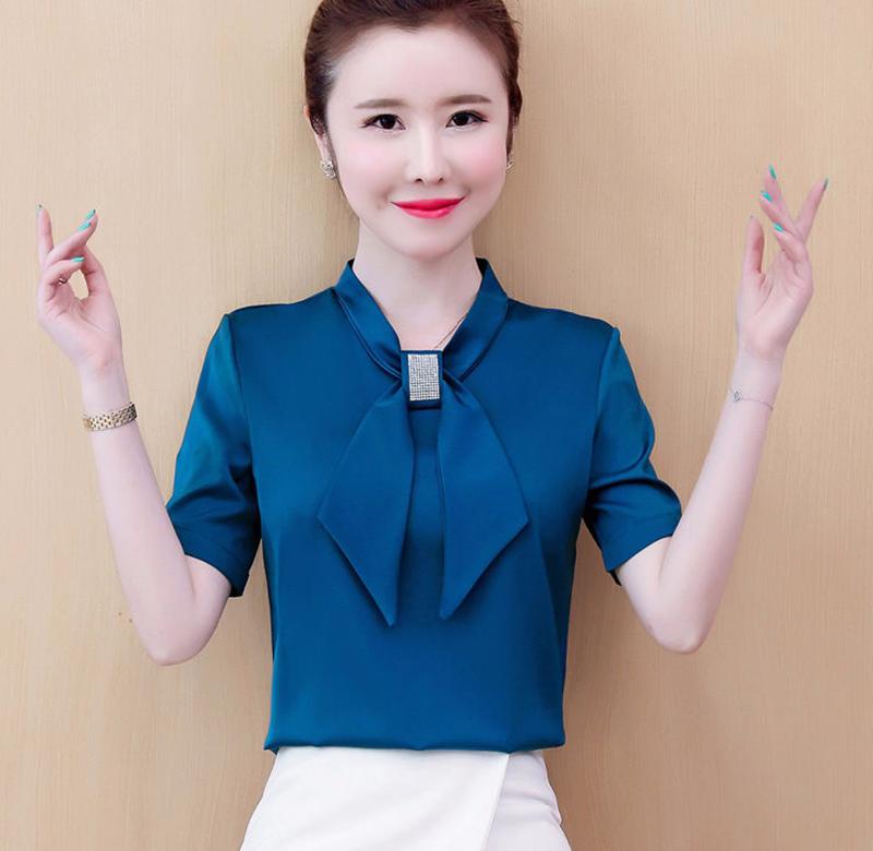  Temperament shirt top womens short-sleeved 2020 summer new Korean bow hot diamond loose thin chiffon lining