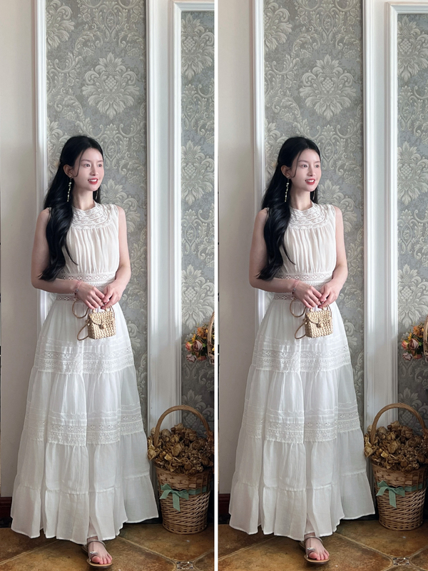 Some Items in Stock: Dream Ripple Southern French Holiday Lace Patchwork Tencel Ramie Waist-Cinching Sleeveless Dress for Spring/Summer
