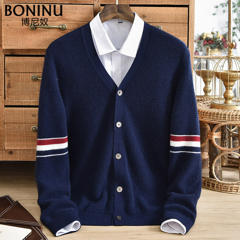 Bonino 2025 New Autumn and Winter Tb Style Cashmere Cardigan Men's Sweater Jacket V-Neck Youth Button Color-Blocking