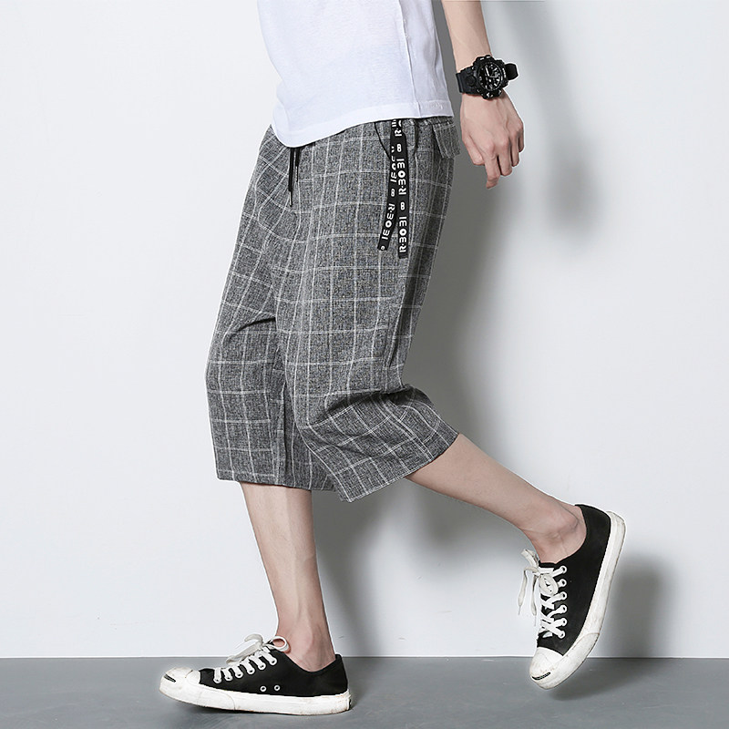 Summer Grid Seven Pants Men Loose Trend Retro Cotton Linen 60% Pants Plus Mast Size Tide Fat People Over Knee Shorts