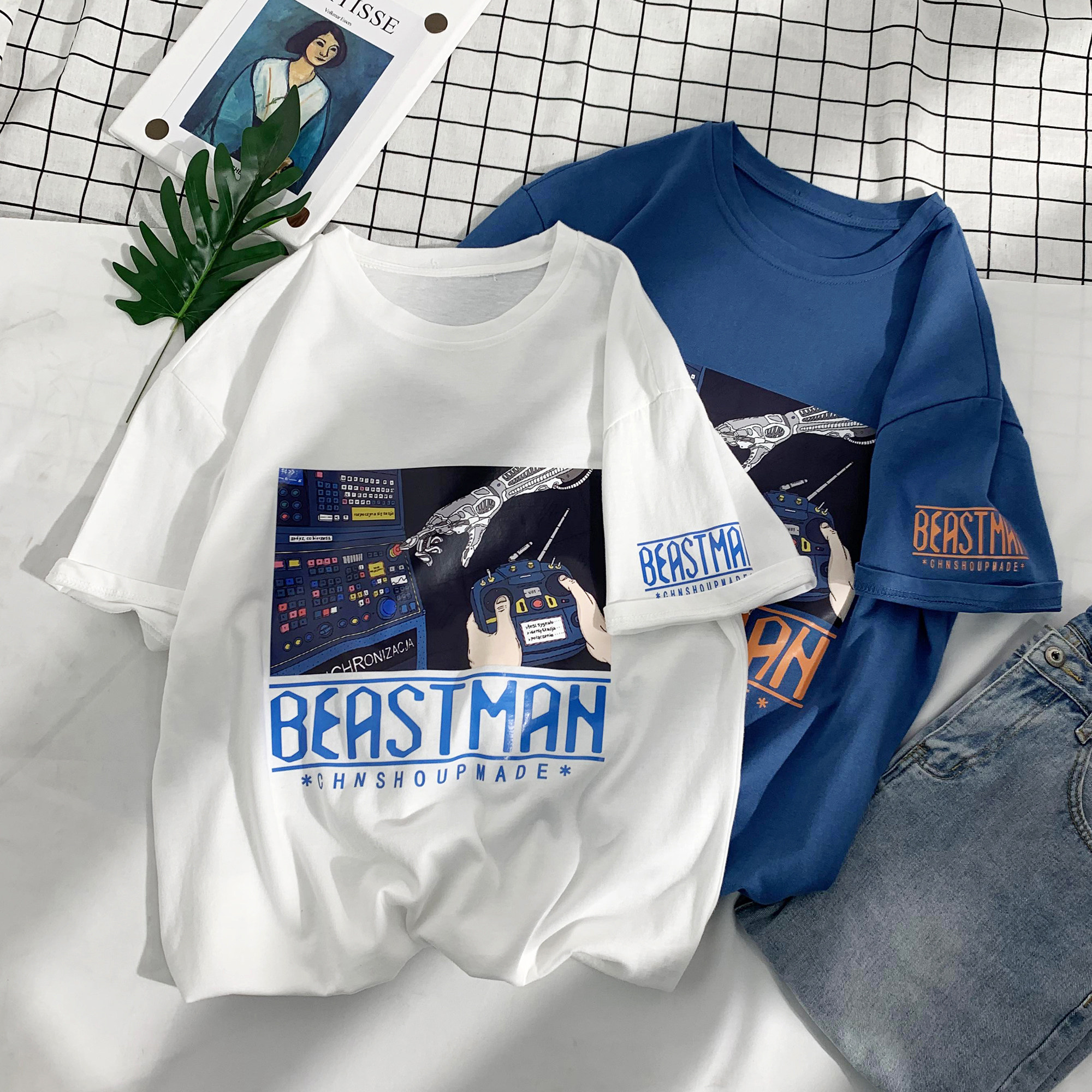 ins printed original juku wind short sleeve T-shirt male trend Korean version easy port version half sleeve tide card student 100 lap up clothes