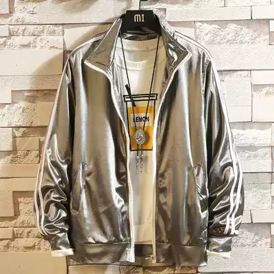 Autumn three-bar striped jacket men's trend Korean students ins Super Fire white bar silver sports jacket men