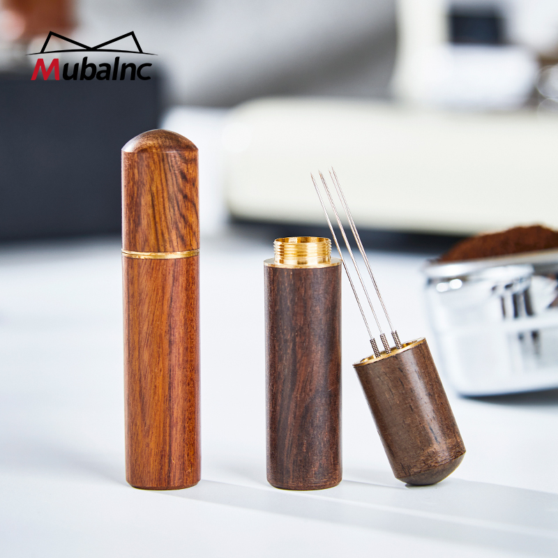 Coffee Distribution Needle, Stainless Steel Needle-Type Powder Distributor, Espresso Coffee Stirring and Clumping Remover, Solid Wood with Storage