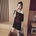 Mùa hè từ mới cổ áo dốc vai áo sơ mi nữ Hàn Quốc phiên bản của lỏng hoang dã quây ngắn tay t-shirt nữ sinh viên bị rò rỉ vai váy