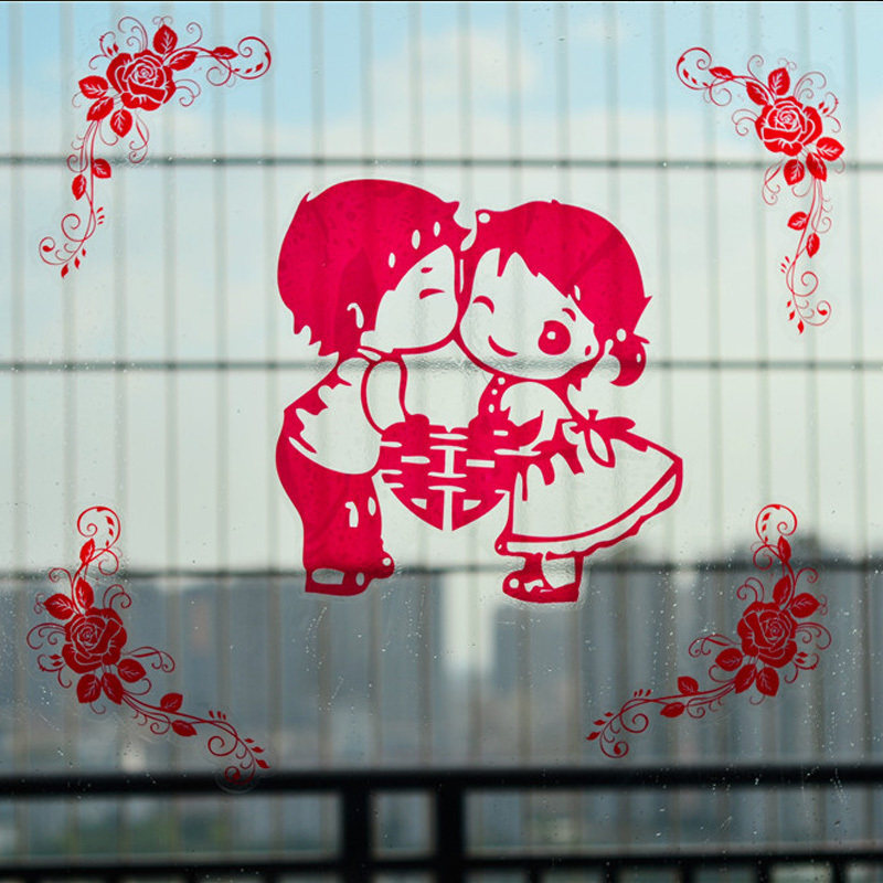 Wedding room window floss paper cut cartoon static sticker new room glass window decorated with kyu wedding suite