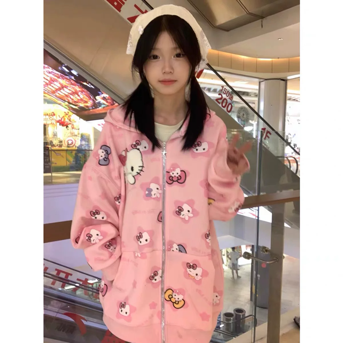 Кофта‑худи Hello Kitty с молнией, свободный осенний крой, фуксия, размеры M–2XL