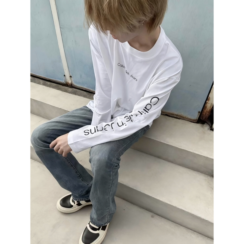Chinese Trendy Brand American High Street Letter Print Crew Neck Long Sleeve T-Shirt for Men, Spring and Autumn Loose Base Shirt, Couple's Top