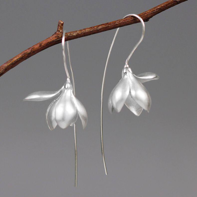 Flower Collection Magnolia Design Begonia Orchid Camellia Tulip Iris Sterling Silver Earrings Retro French Style