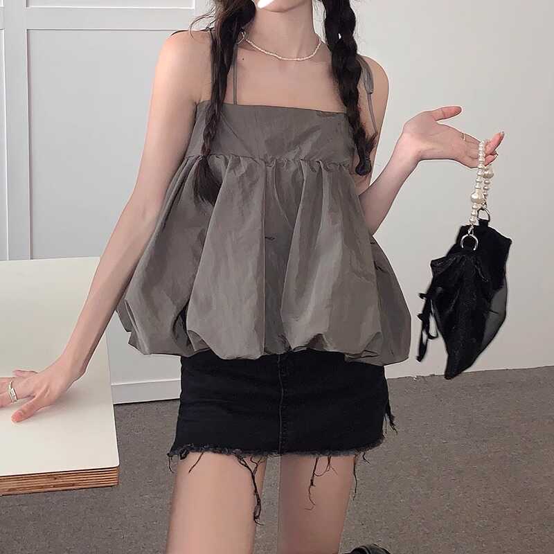 Puffy Top with Tie-Up Straps, Summer Sweet Japanese Style, Plus Size, Loose, Fashionable, Sleeveless Camisole for Women