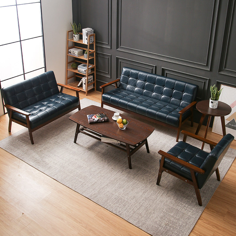 Simple Nordic sofa small apartment leather solid wood auto repair shop rental apartment apartment sofa double three-person small sofa