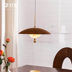Lampji French-Style Mid-Century Walnut Wood Grain Color Dining Room Chandelier with Smart Touch Sensor, Adjustable Height for Dining Table and Bar Counter