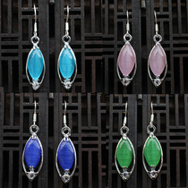 Natural Blue Cats Eye Stone earrings jade earrings earrings 925 silver earrings long versatile female earrings