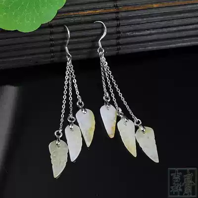 Natural jadeite yellow-colored leaf earrings long earrings classical female 925 silver ear hook ear refining