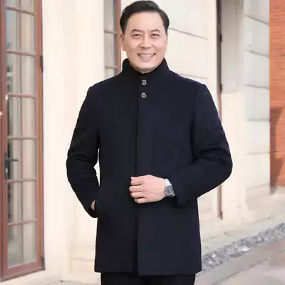 Middle-aged and elderly woolen coat men's medium and long version thick velvet father winter woolen coat grandfather wool trench coat