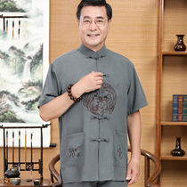 Middle-aged and elderly Tang suit men Chinese style cotton and linen short sleeve suit father linen summer grandfather elderly clothes thin clothes