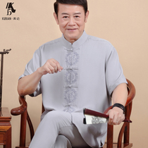 Middle-aged and elderly people Tang suit mens short-sleeved suit Chinese dress Chinese clothing cotton linen embroidery father summer clothes