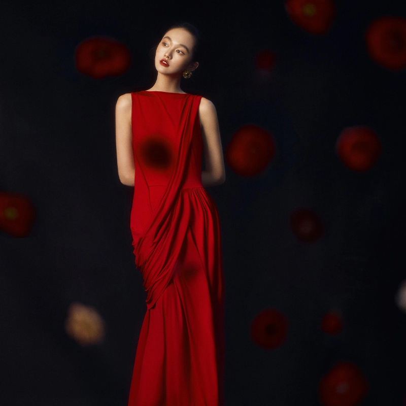 New Chinese-Style Retro Dressing Gown, Bride's Toast Dress, Sleeveless Vest Dress, Women's Red Pleated Knitted Dress