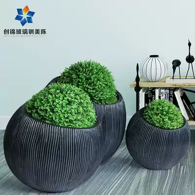 Fiberglass flowerpot Outdoor Plaza Green Shopping Mall Decoration Vase Retro brushed round floor sculpture ornaments