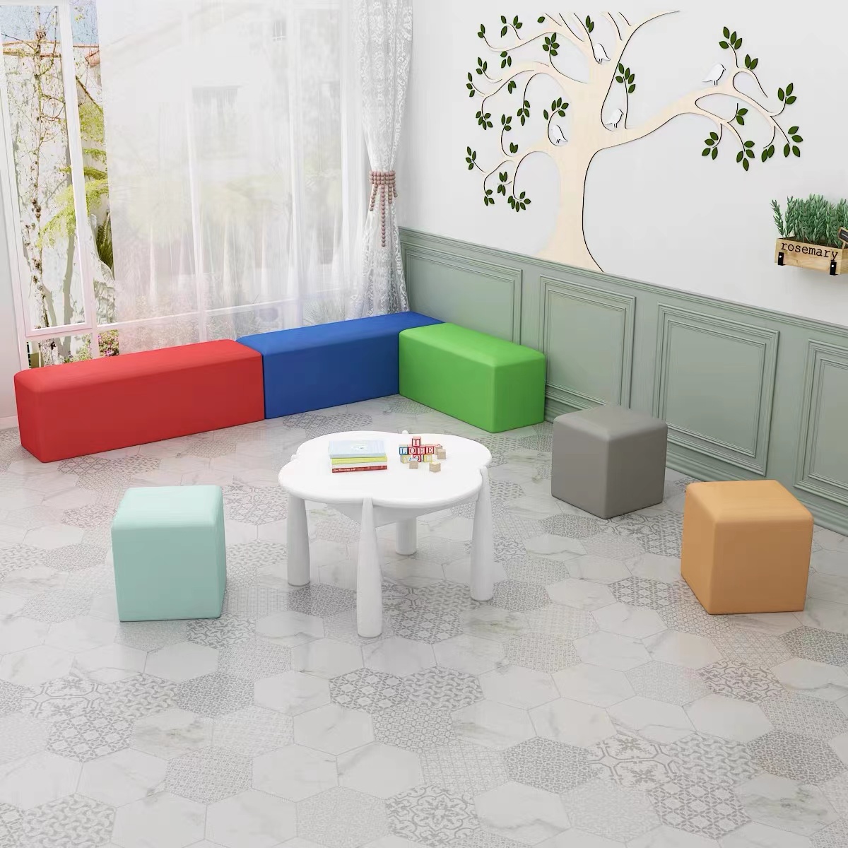 Kindergarten early education center mother and baby room education training institution school rest area hall corridor long sofa stool