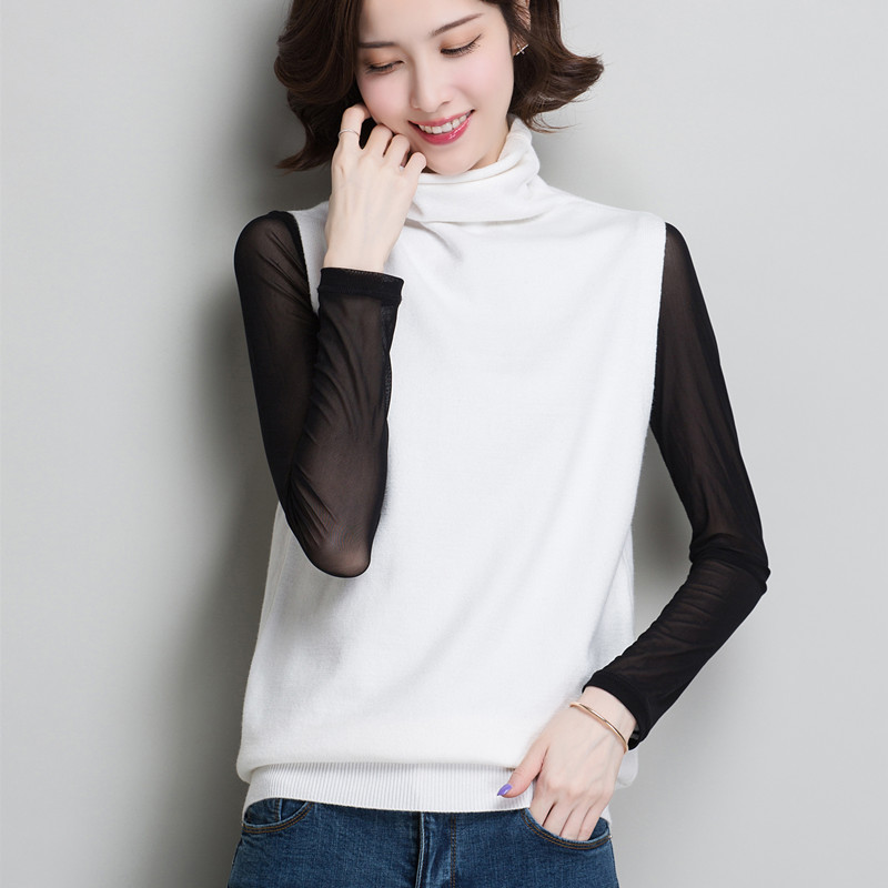 ngắn vest nhỏ nhỏ cao cổ knitsweater phụ nữ lỏng lẻo vừa vặn vào mùa xuân và mùa thu bên ngoài mặc ngựa kẹp tay mỏng áo len