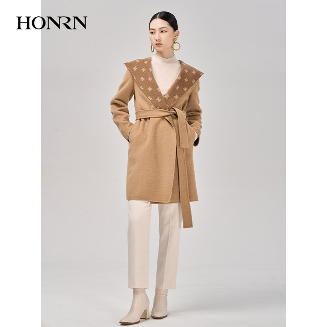 HONRN/Red Man Hooded Large Lapel Lace-Up Wool Woolen Coat Jacket Women's Autumn and Winter HG55OD466